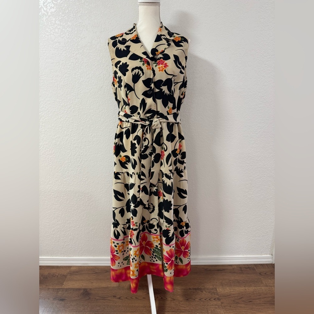 SAG HARBOR 12 Beige Black Floral Collared Button Belted Sleeveless Long Dress